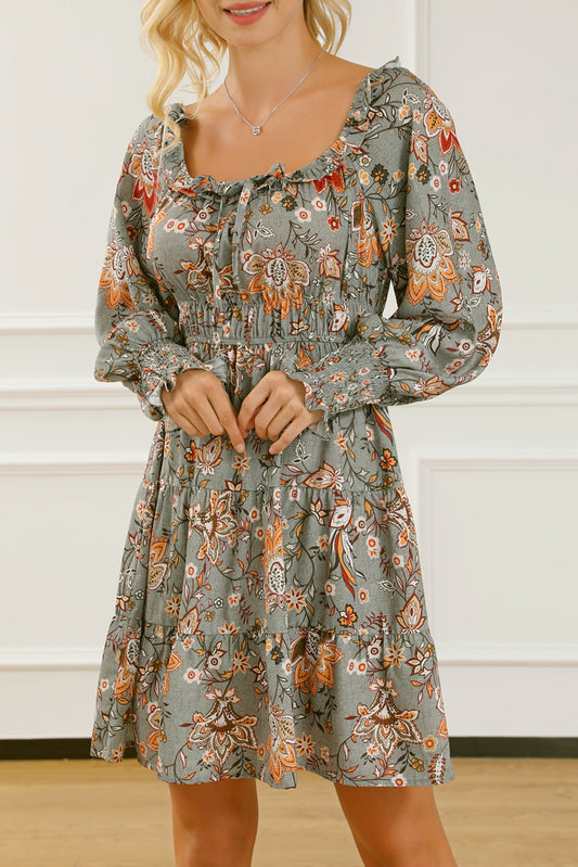 Floral Long Sleeve Frilled U-Neck Ruffled Dress
