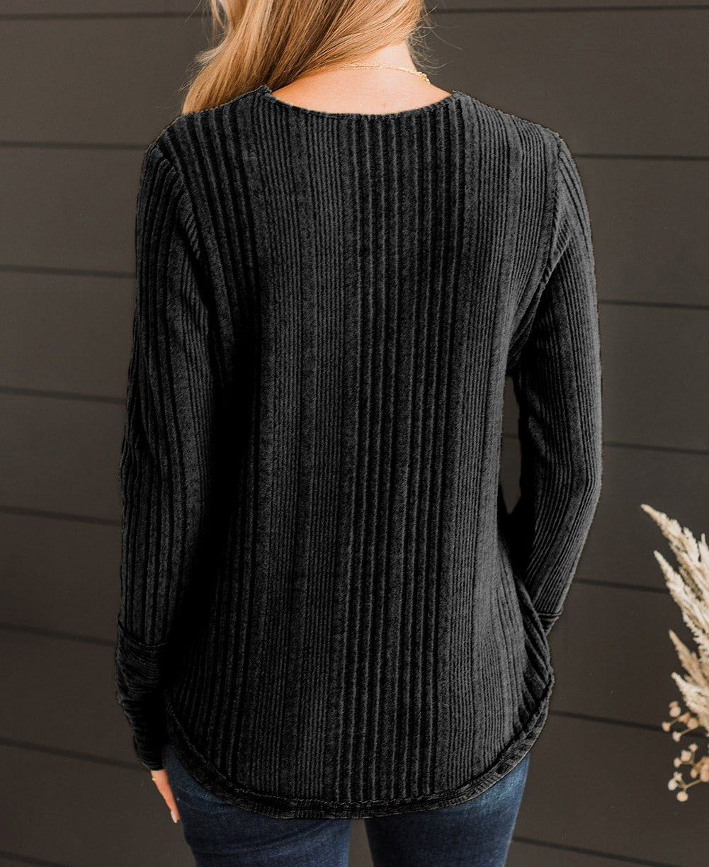 V Neck Buttoned Ribbed Knit Top