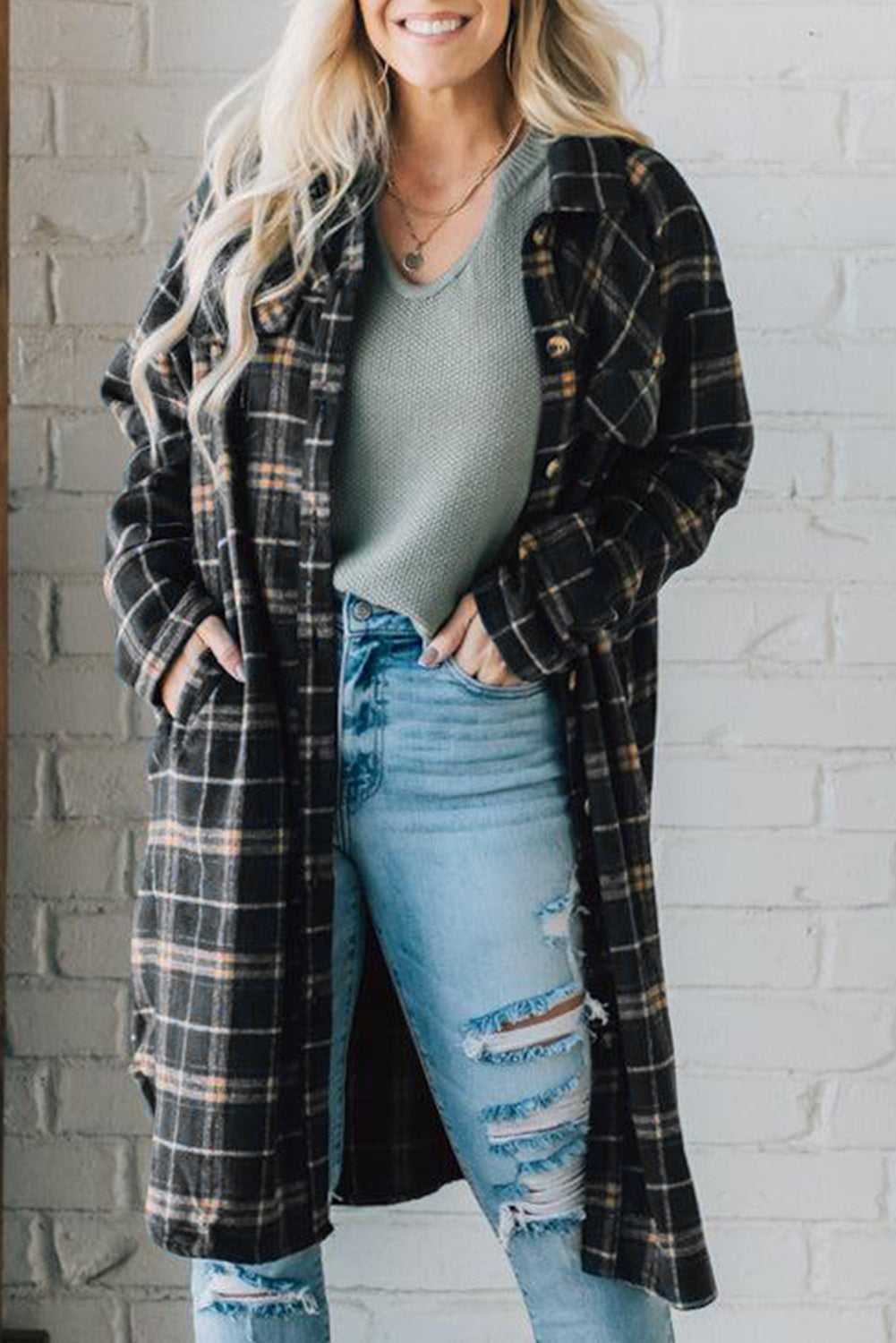 Plaid Button Front Pocketed Long Shacket