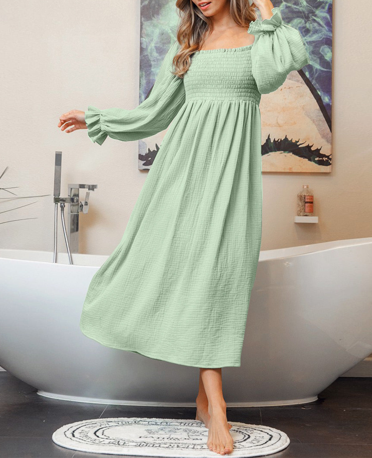 Smoked Flounce Sleeve Textured Empire Waist Maxi Dress