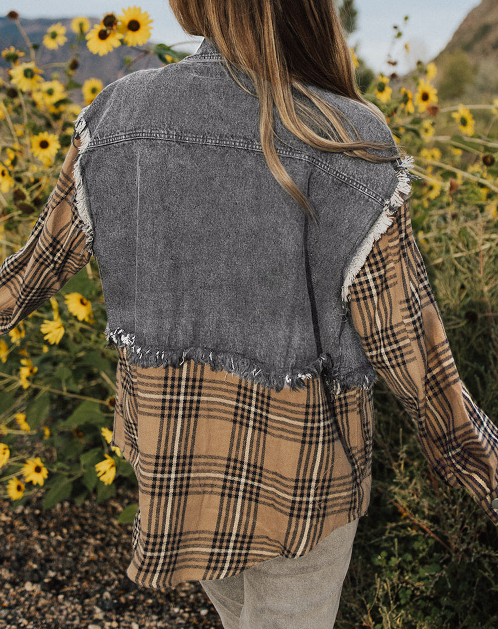 Plaid Patch Distressed Flap Pocket Denim Shacket