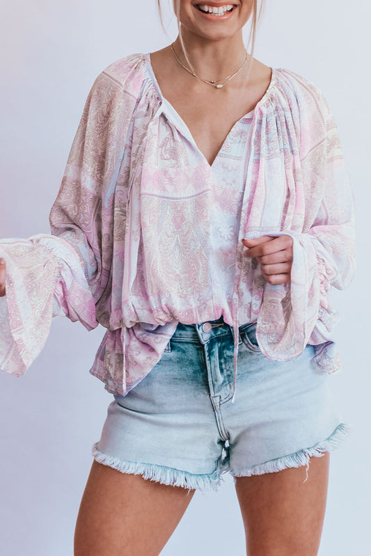 Mixed Print Split Neck Ruffle Bubble Sleeve Blouse