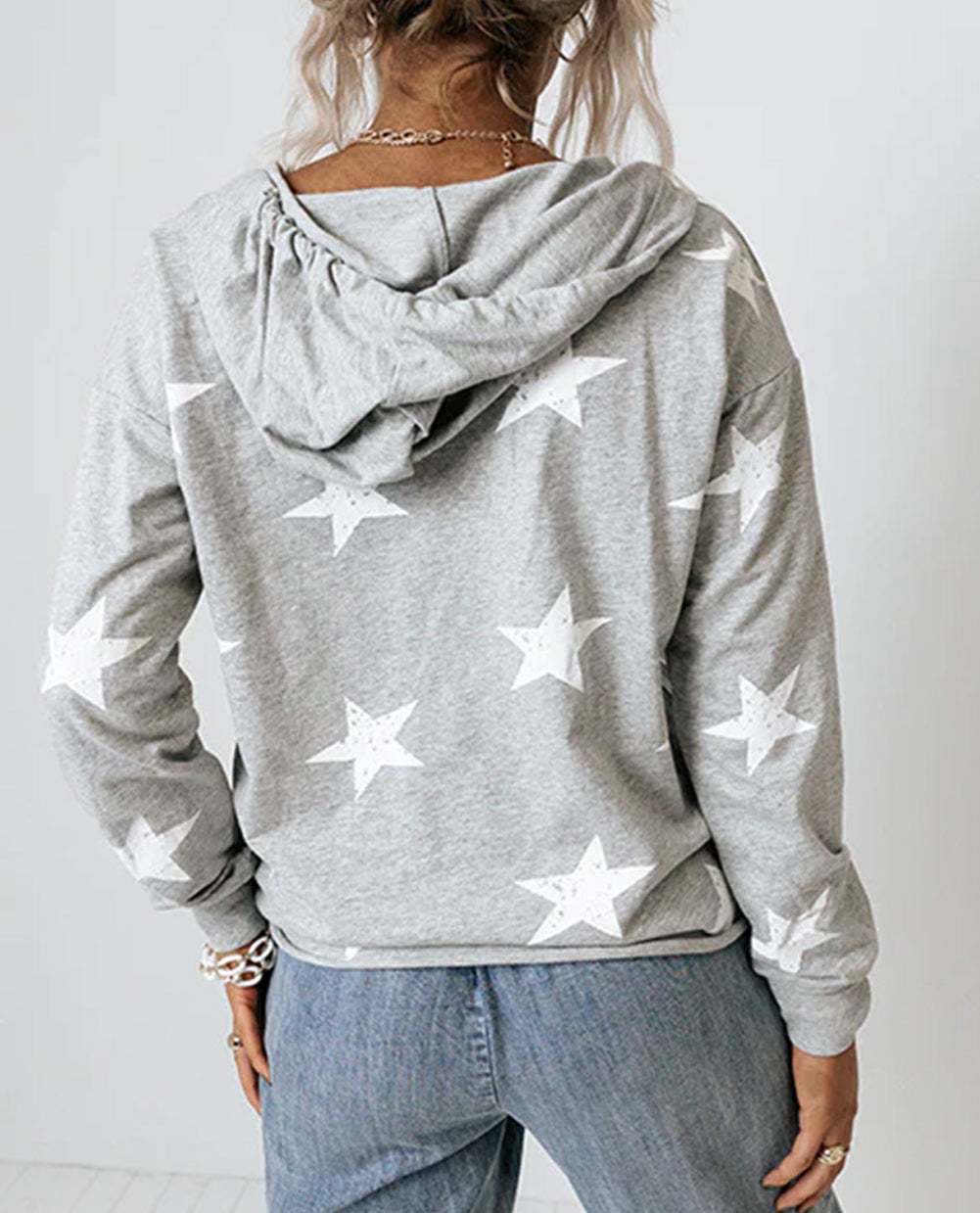 Grey Stars Print V-Neck Drawstring Hoodie