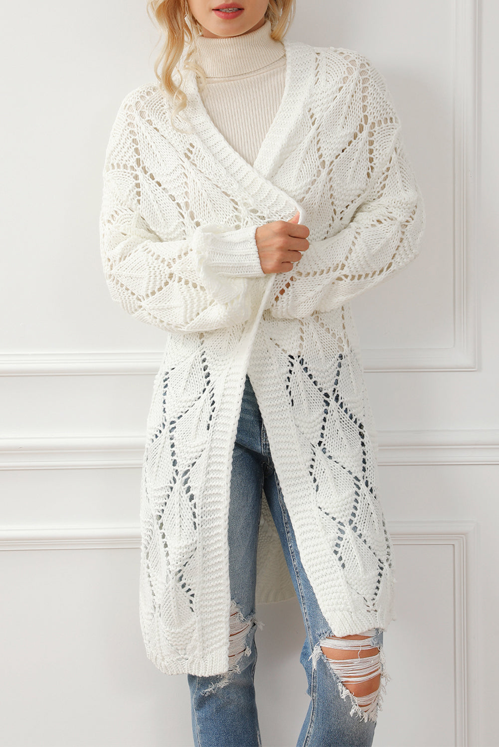 Rhombus Hollowed Knit Open Front Cardigan