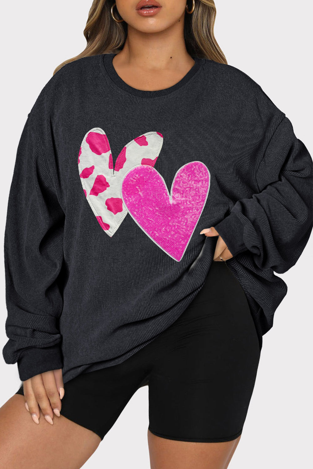 Double Heart Graphic Plus Size Corded Sweatshirt