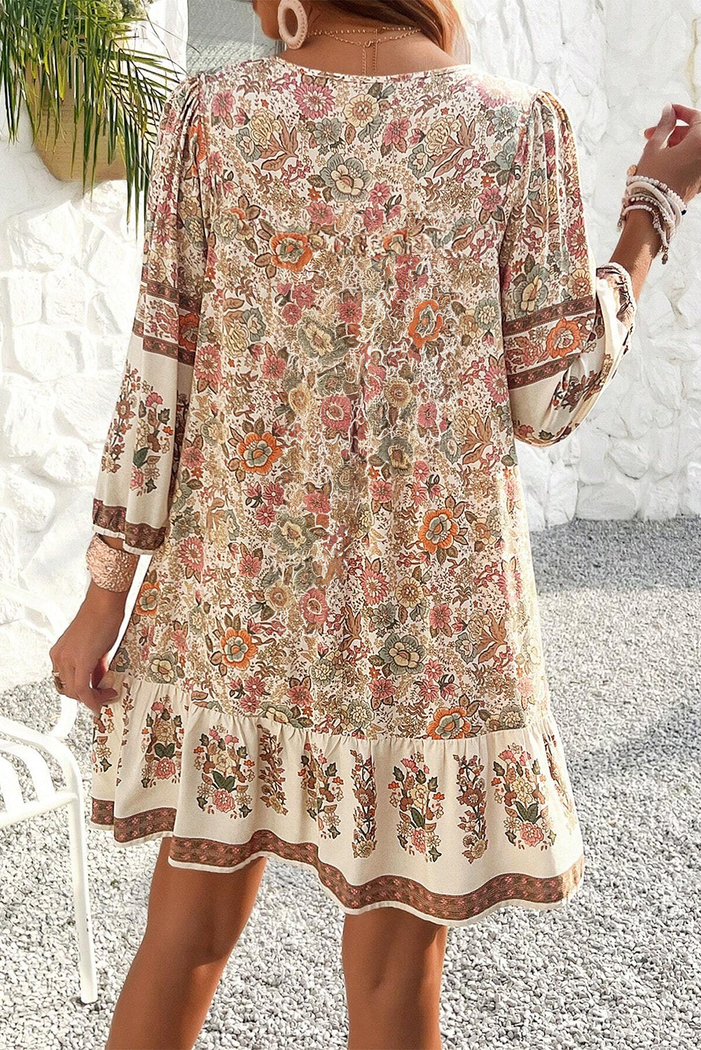 Floral Print Tassel Drawstring V Neck Loose Mini Dress