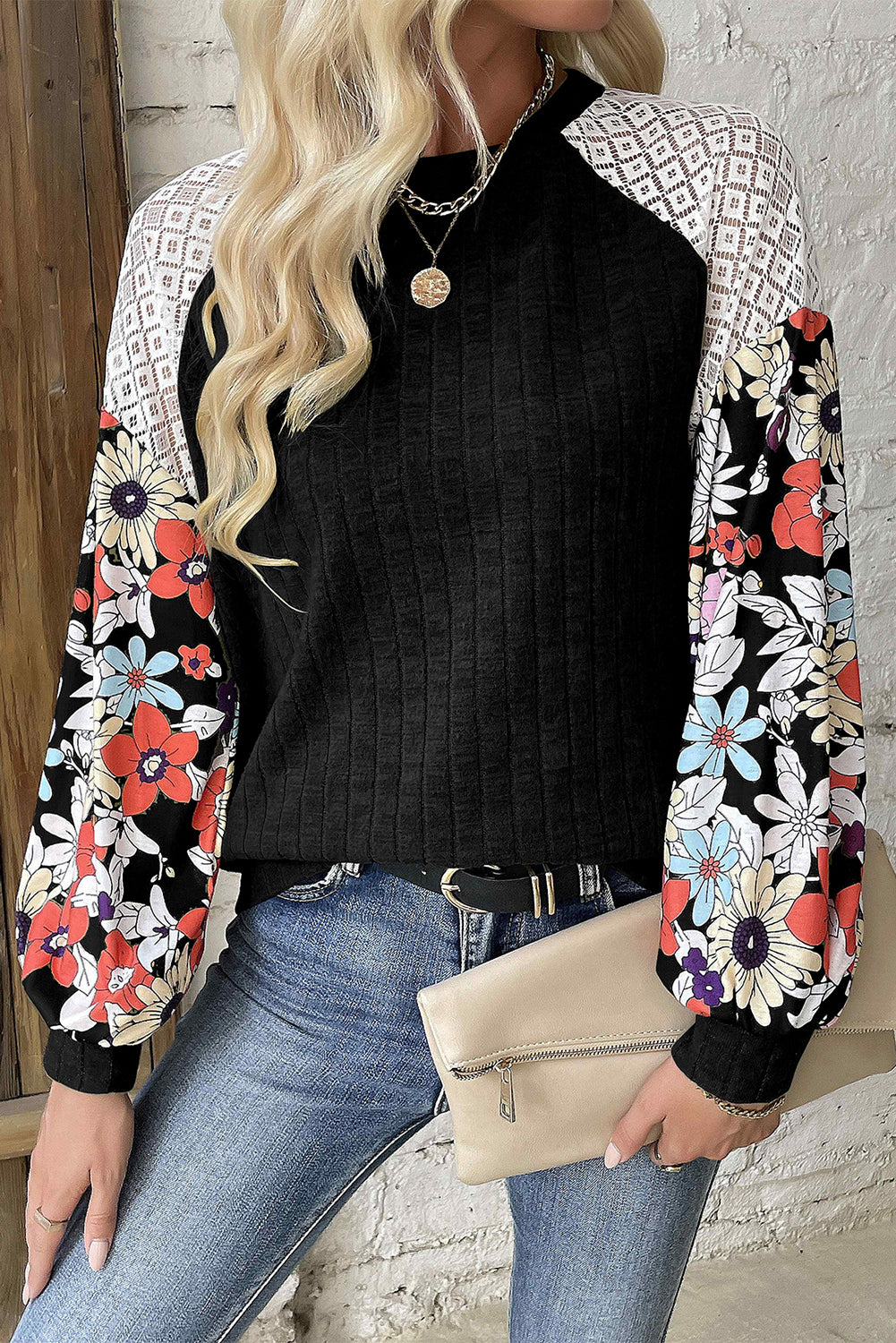 Floral Patchwork Long Sleeve Ribbed Blouse