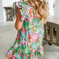 Abstract Floral Ruffle Trim Flutter Sleeve Buttoned Dress