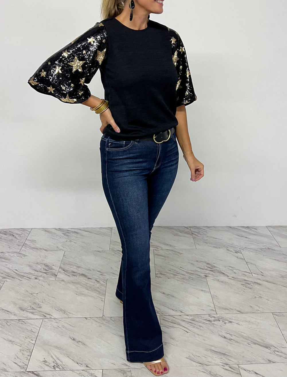 Star Sequin Splicing Half Sleeve Top