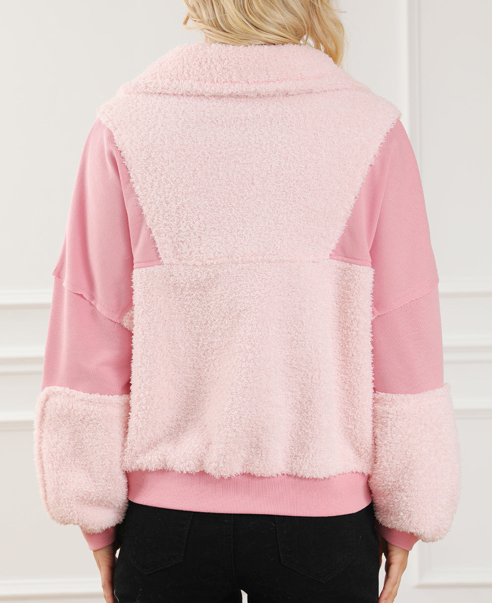 Exposed Seam Fuzzy Patchwork Zip Neck Sweatshirt