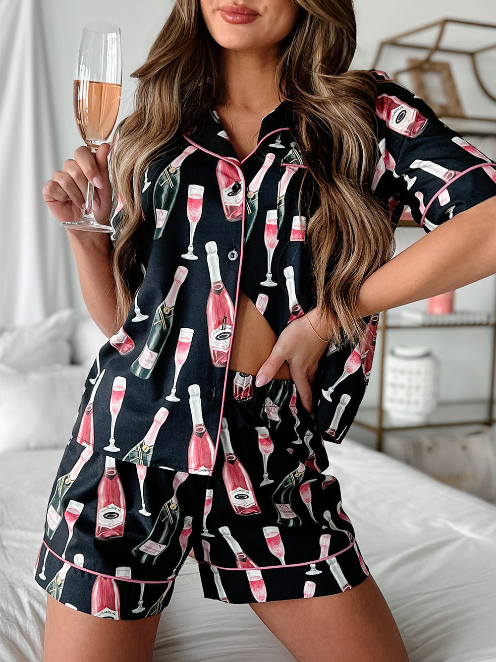 Champagne Print Silky Short Sleeve Pajamas Set