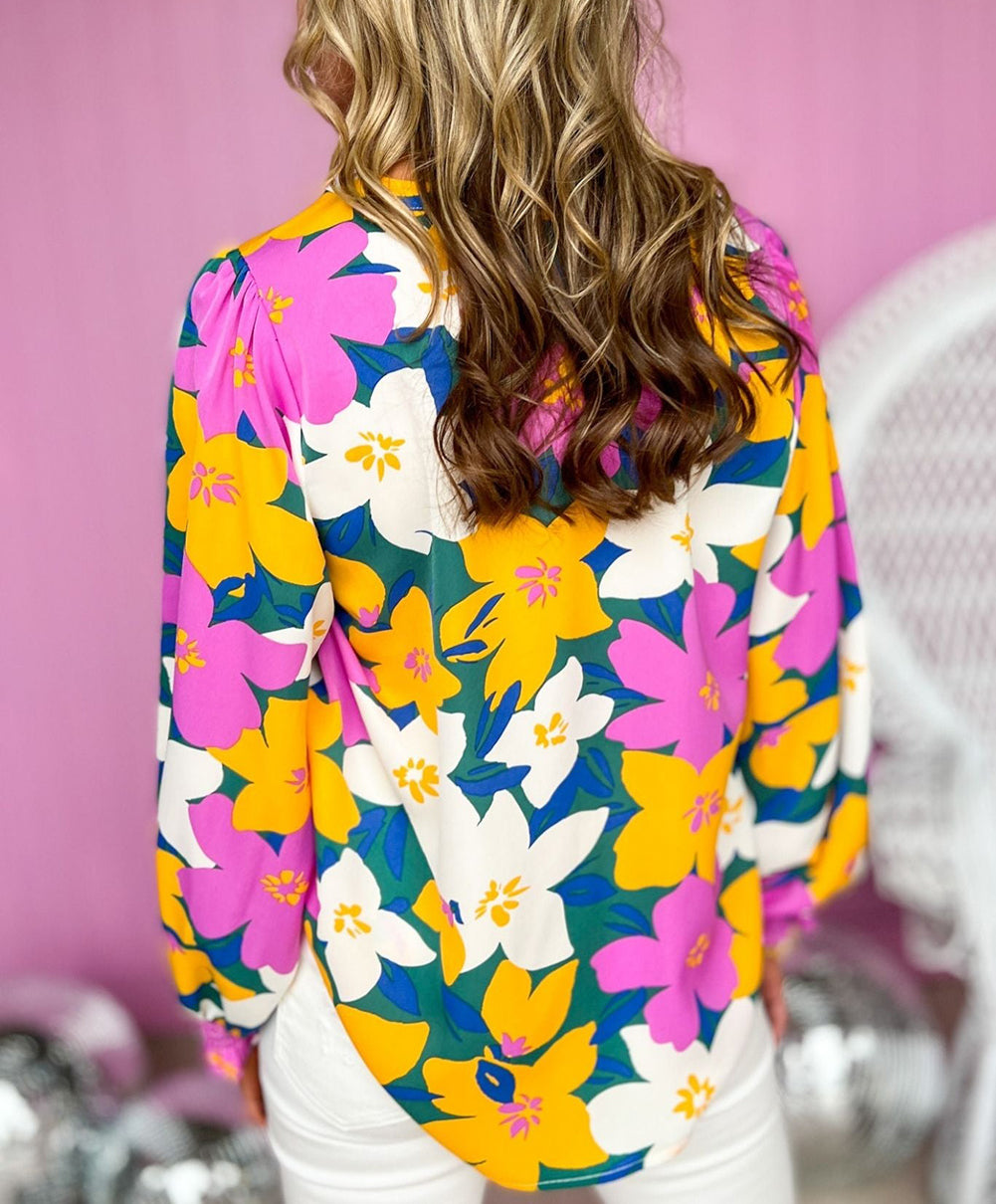 Magenta Gold Floral V Neck Lantern Sleeve Blouse