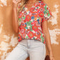Red Floral Split Neck Top