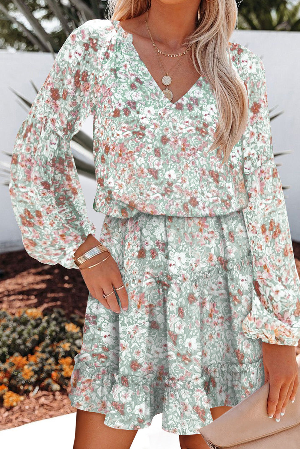 V Neck Puff Sleeves Floral Tunic Dress