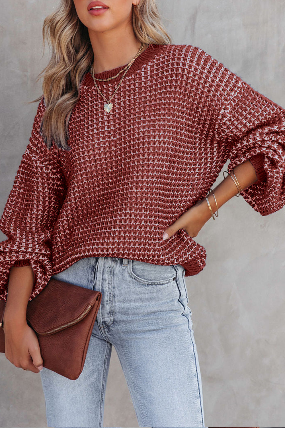 Heathered Knit Drop Shoulder Puff Sleeve Sweater