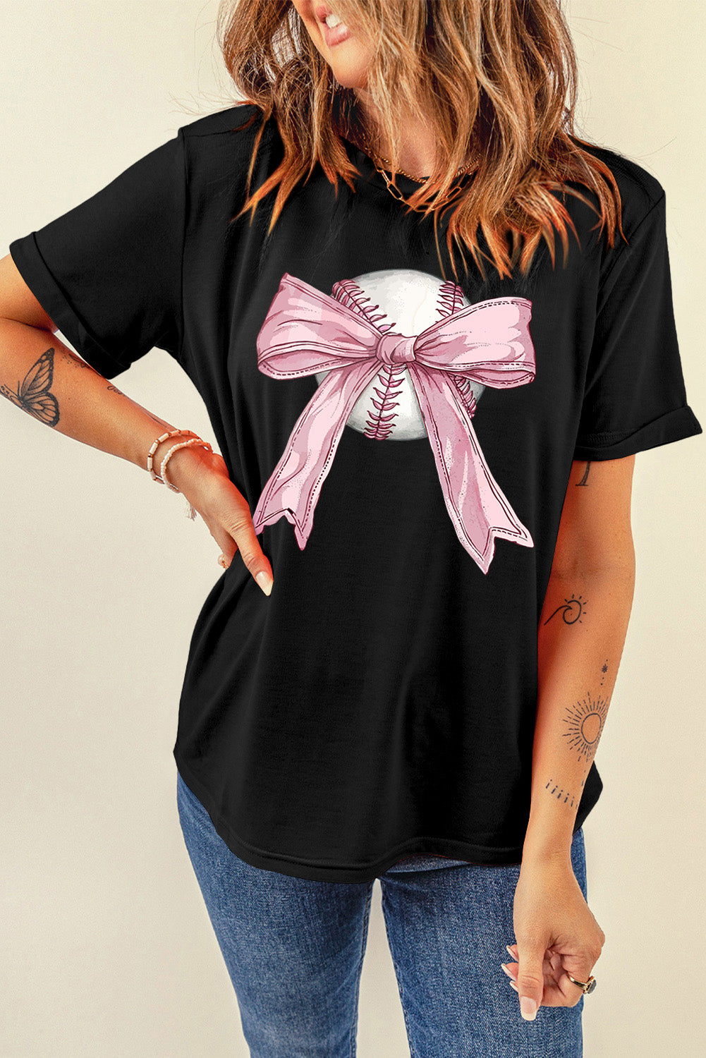 Baseball Bow Knot Print Round Neck T Shirt