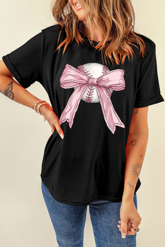 Baseball Bow Knot Print Round Neck T Shirt