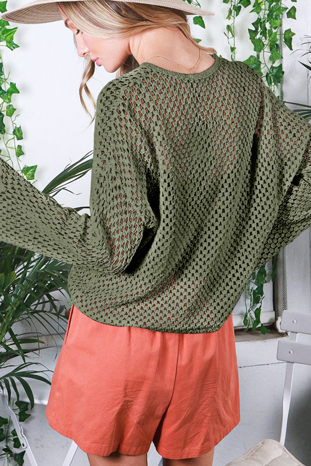 Open Knit Buttoned Neck Split Sleeve Sweater