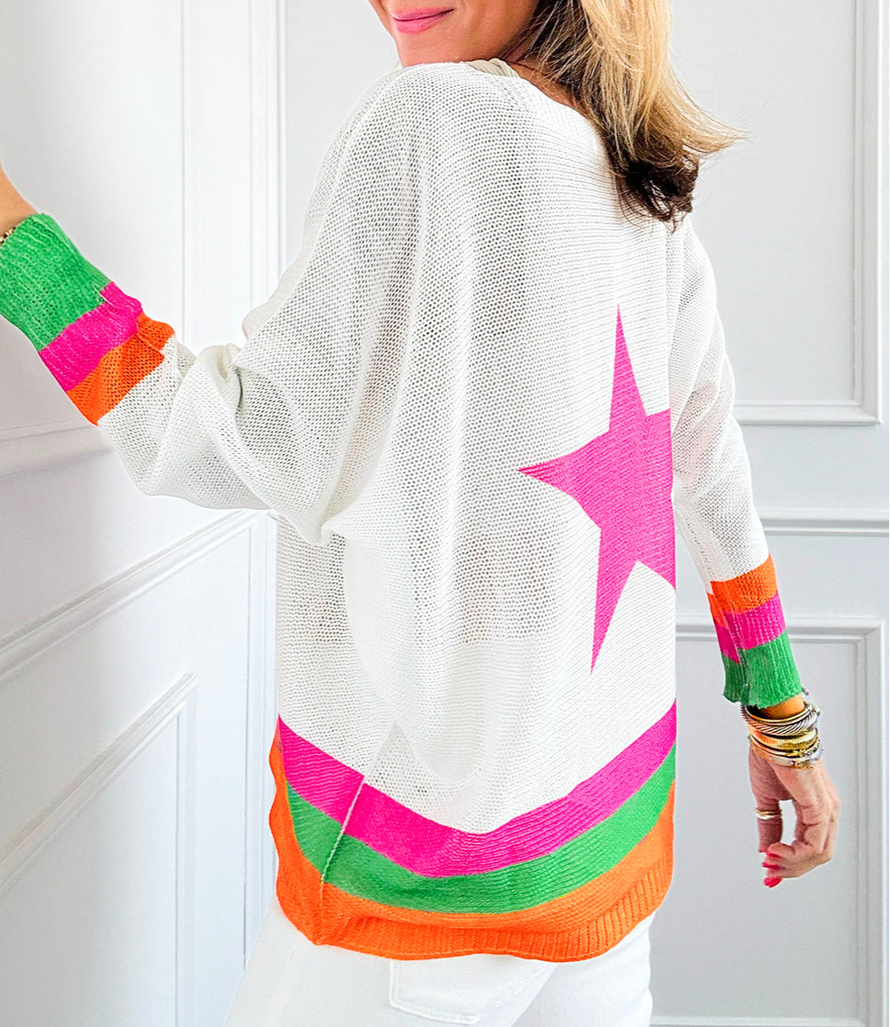 Star Pattern Colorblock Striped Edge Drop Shoulder Sweater