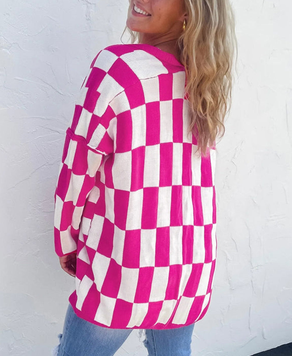 Checkered Pattern Open Front Plus Size Cardigan