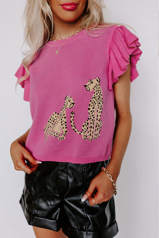 Leopard Ruffled Sleeve Round Neck Knit Sweater