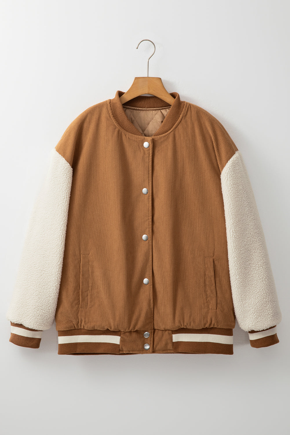 Corduroy Fleece Patchwork Buttoned Bomber Jacket