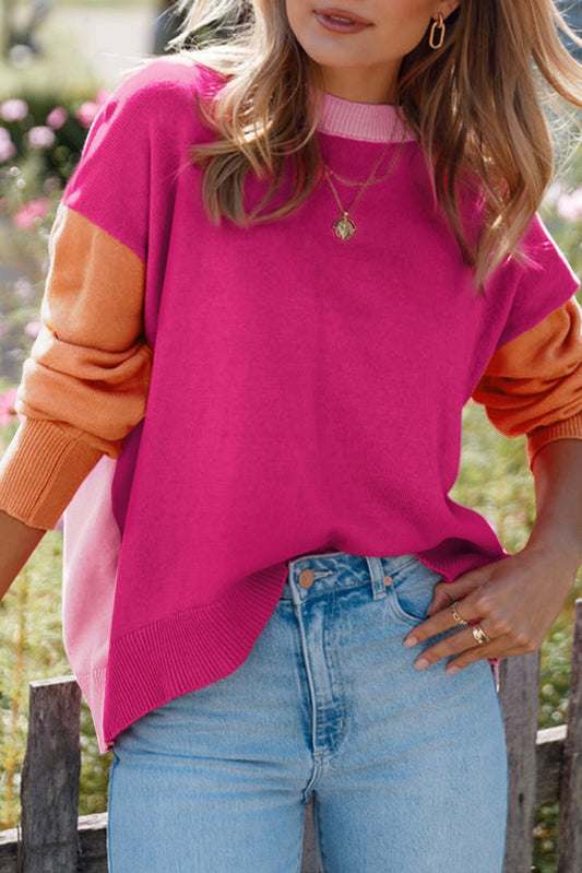 Three Tone Contrast Round Neck Loose Sweater