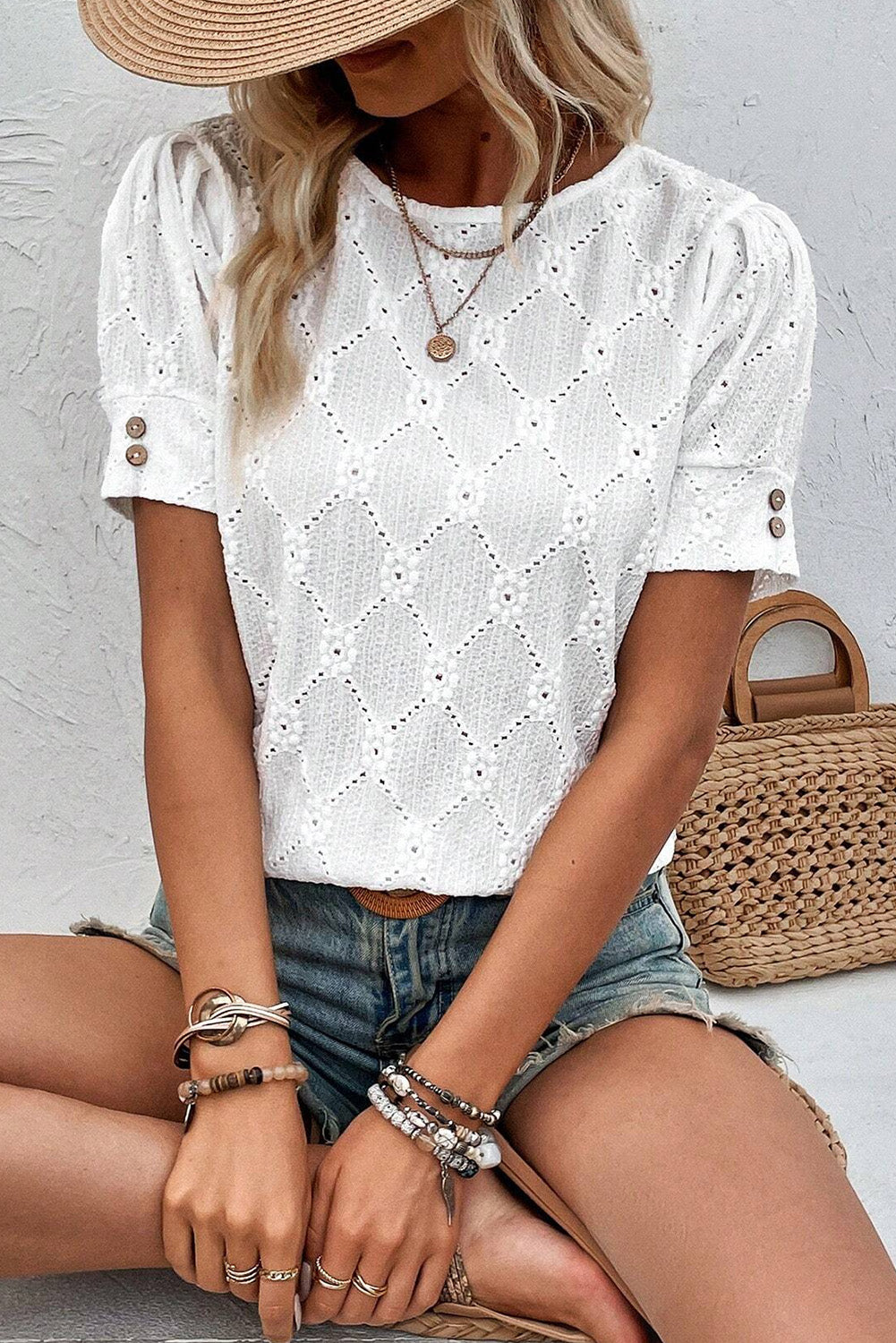 Eyelet Embroidered Short Puff Sleeve Top