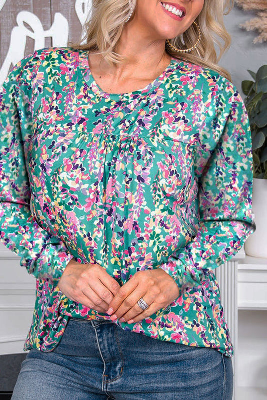 Floral Pleated Round Neck Long Sleeve Blouse