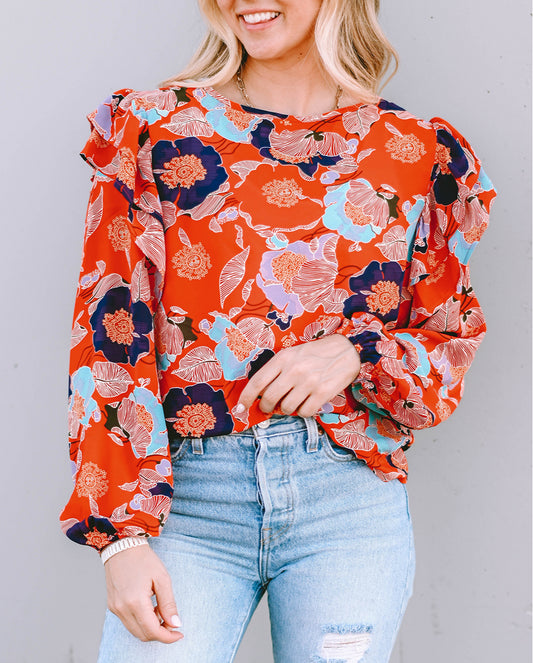 Floral Print Ruffle Puff Sleeve Blouse