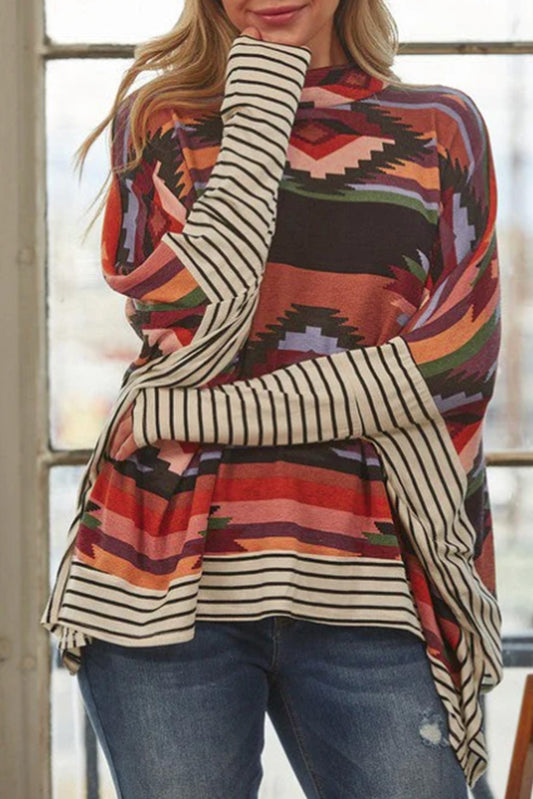 Western Aztec Striped Mock Neck Dolman Sleeve Top