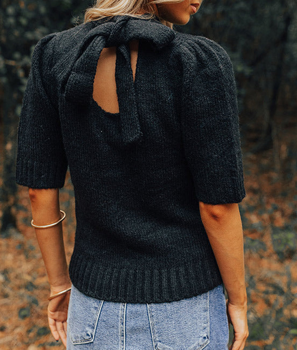 Knotted Keyhole Nape Short Sleeve Knit Sweater