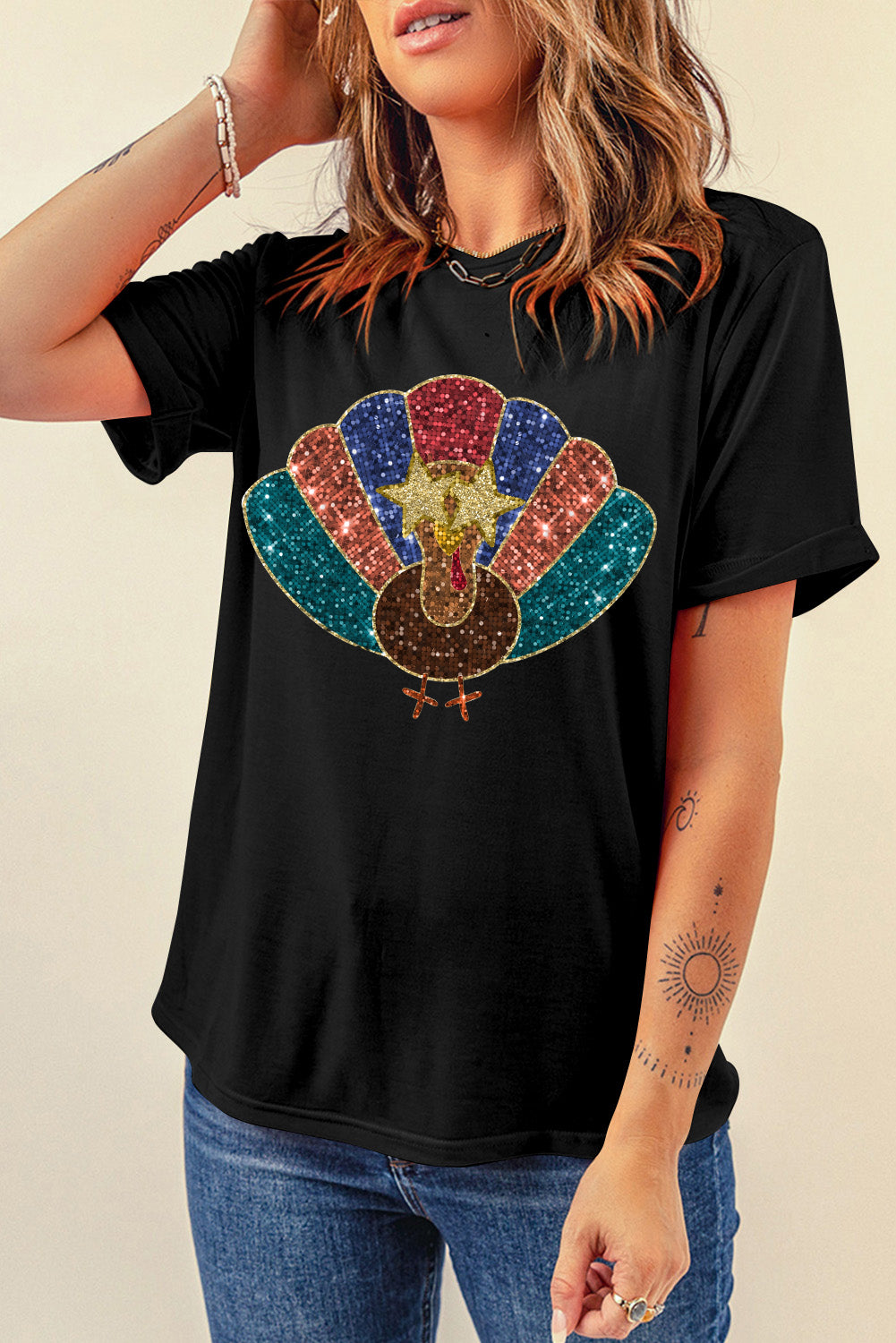 Glitter Turkey Graphic Thanksgiving T Shirt