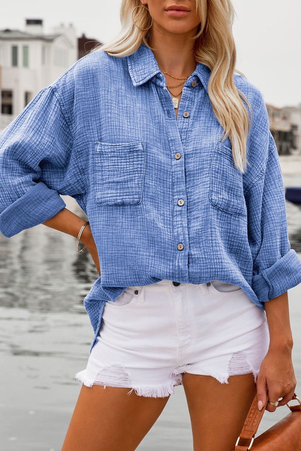 Mineral Wash Crinkle Textured Chest Pockets Shirt
