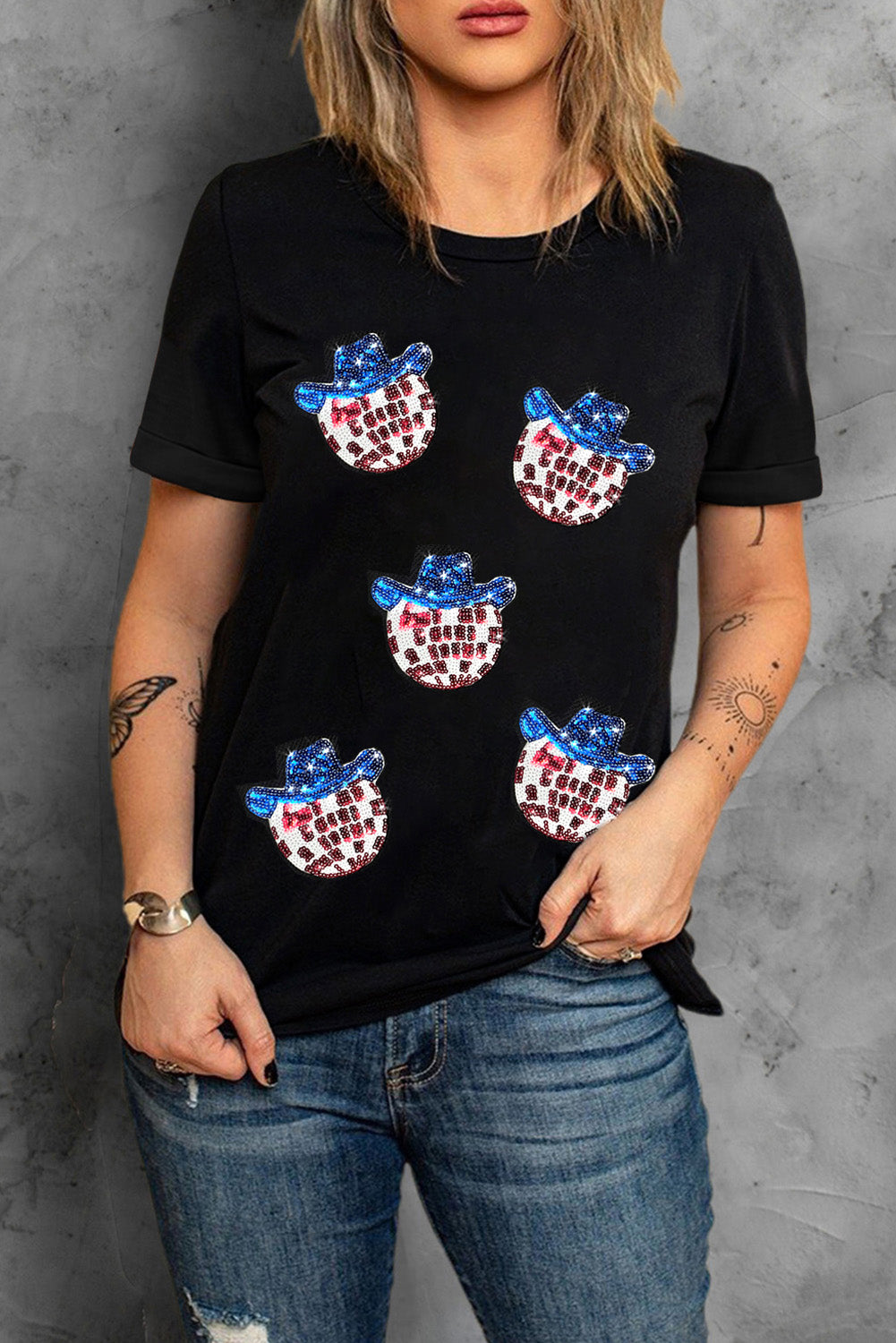 Sequined American Flag Pattern Round Neck T Shirt