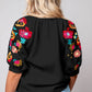 Floral Embroidered Ricrac Puff Sleeve Textured Blouse