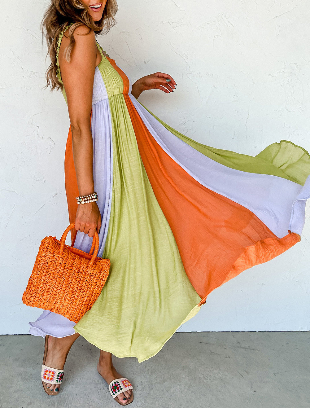 Color Block Shirred High Waist Fit and Flare Maxi Dress