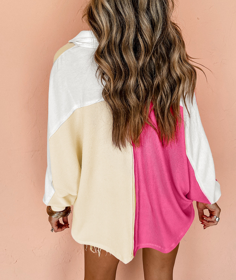 Colorblock Ribbed Collared Oversized Sweatshirt
