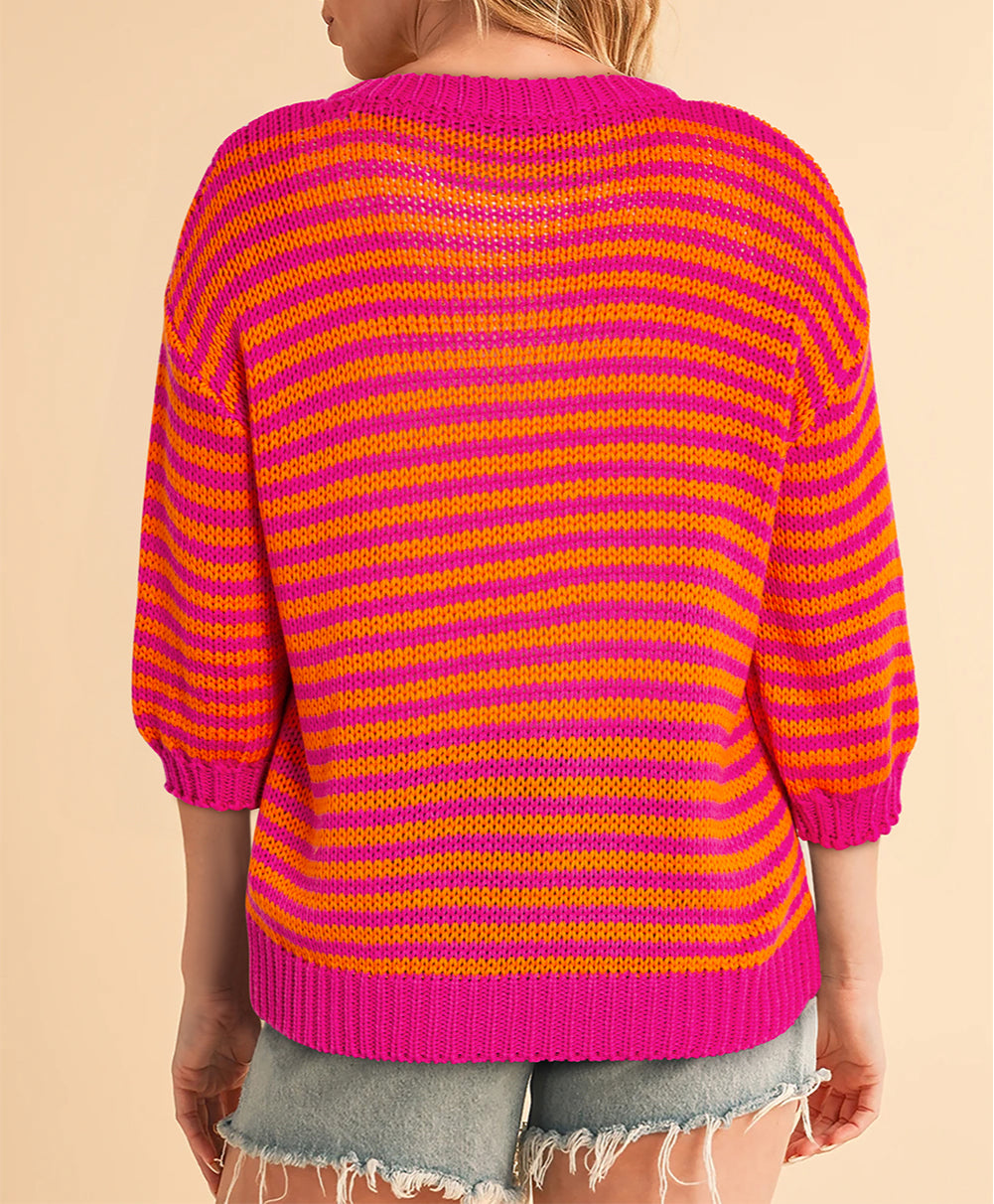 Stripe 3/4 Puff Sleeve Drop Shoulder Sweater