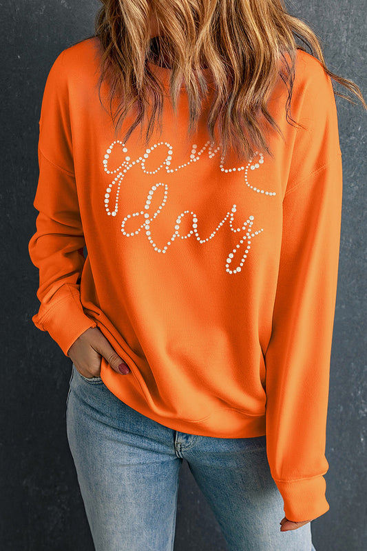 Rhinestone game day Pattern Drop Shoulder Sweatshirt