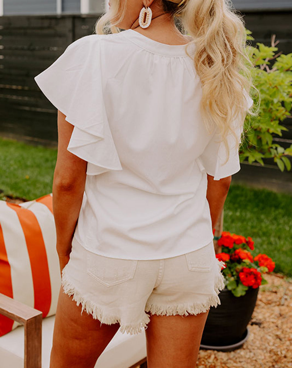 V Neck Pleated Front Ruffled Sleeve Shirt