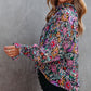 Plus Size Floral Smocked Cuffs V-Neck Blouse
