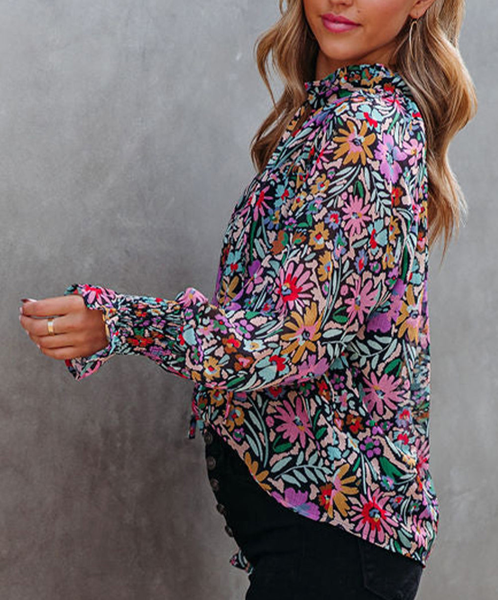 Plus Size Floral Smocked Cuffs V-Neck Blouse