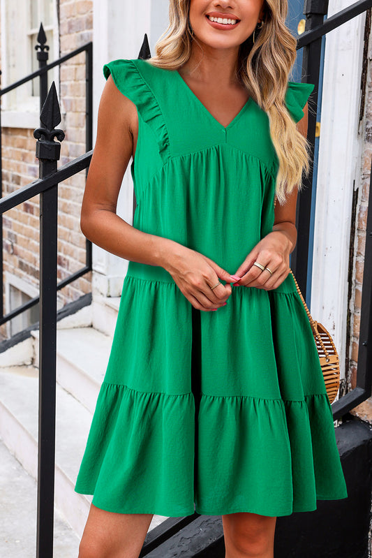Solid Color V Neck Ruffle Tiered Mini Dress