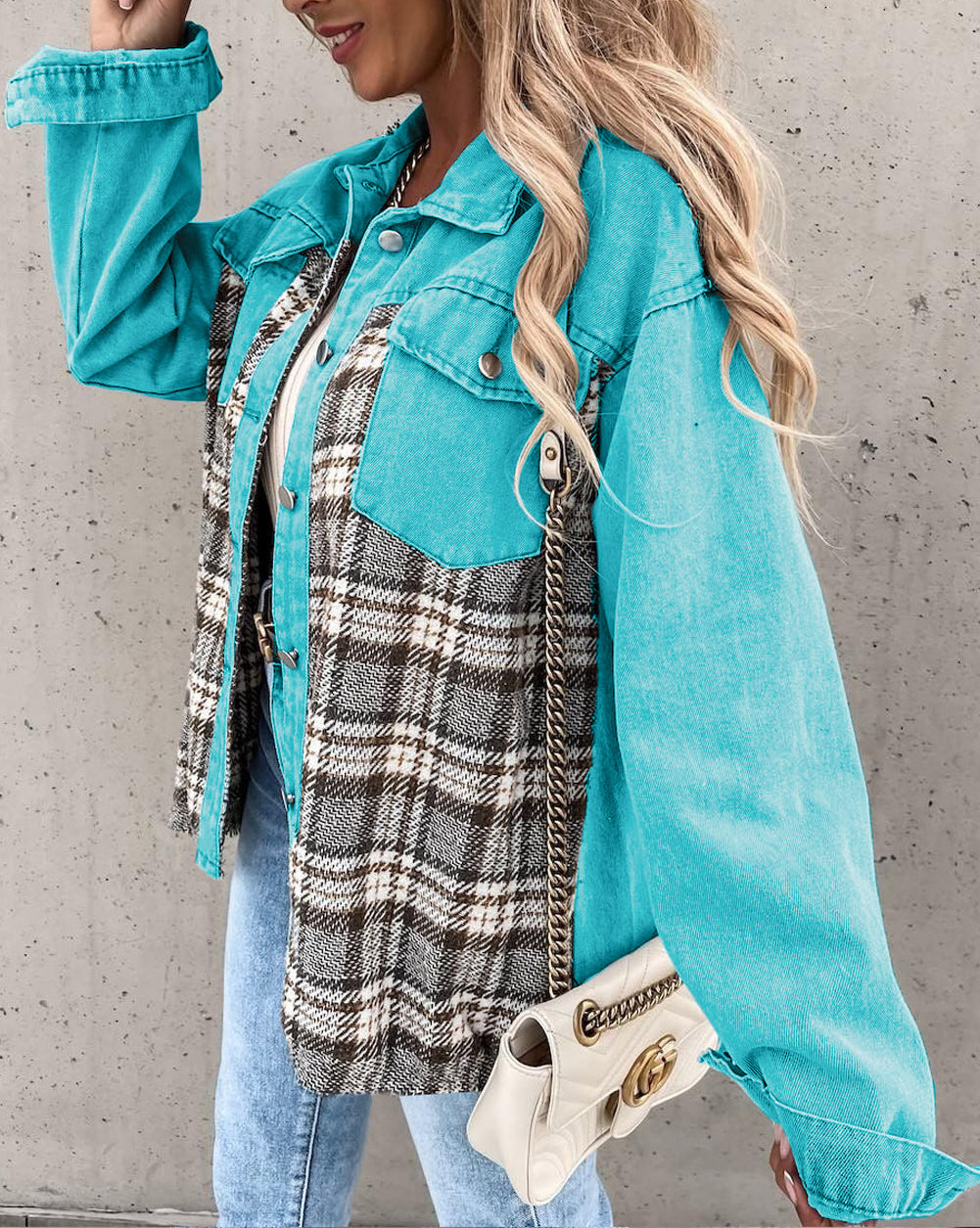 Plaid Patchwork Pockets Denim Jacket