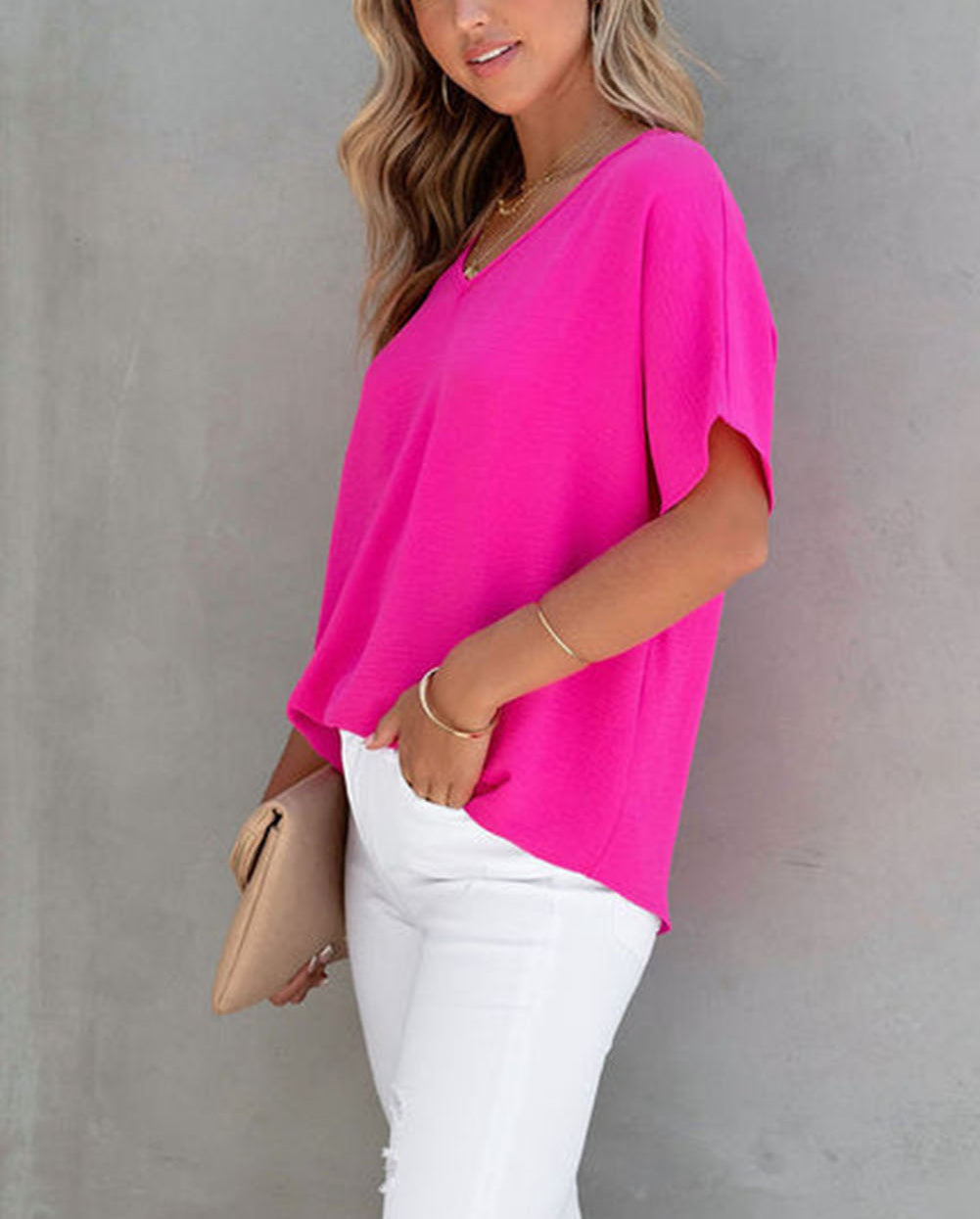 Solid V Neck Short Sleeve Blouse