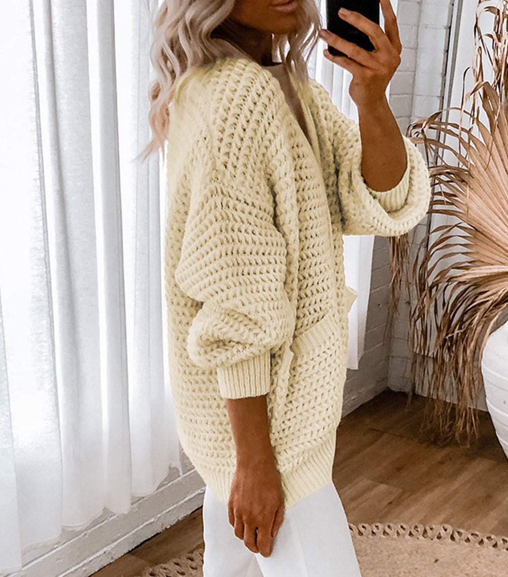 Chunky Textured Knit Pocketed V Neck Cardigan