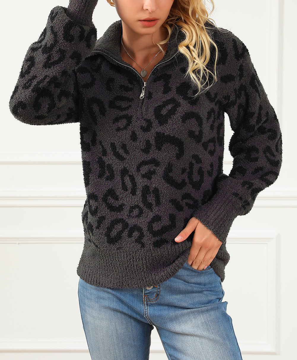 Animal Print Zipped Collared Sweater