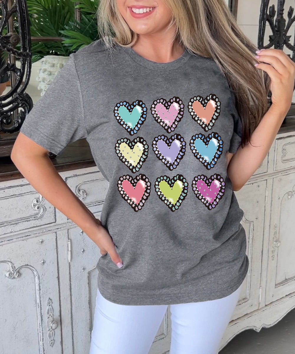 Colorful Heart Shaped Print Crew Neck Casual Tee