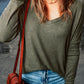 Loose Ribbed Knit V Neck Long Sleeve Top